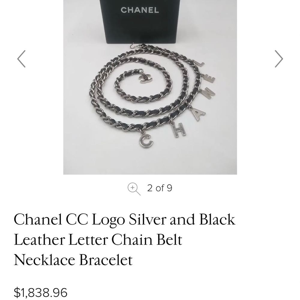 AUTHENTIC Chanel CC Logo Silver & Black Leather Letter Chain Belt Necklace